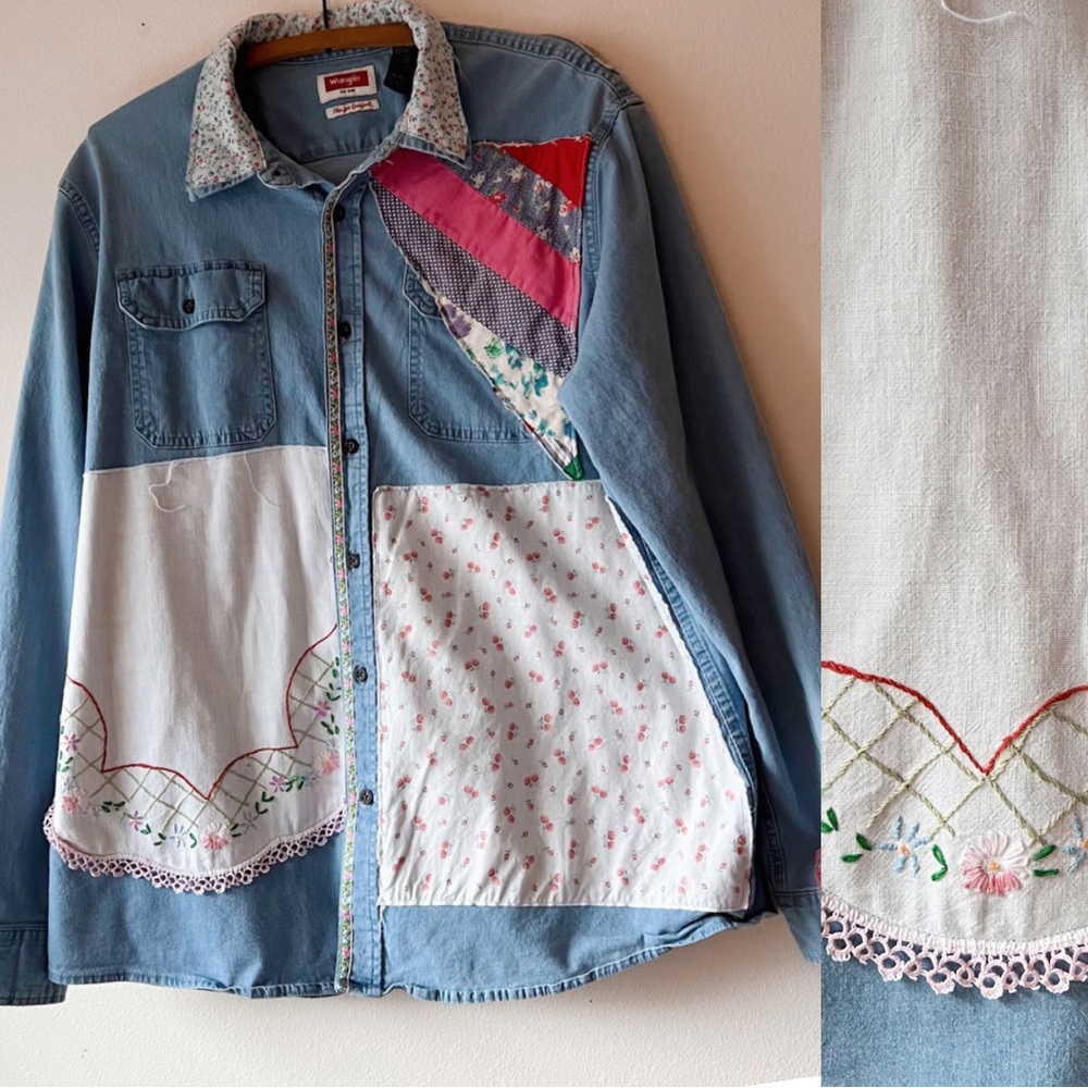Handmade‎ patchwork secret garden vintage linens denim long sleeve shirt XL